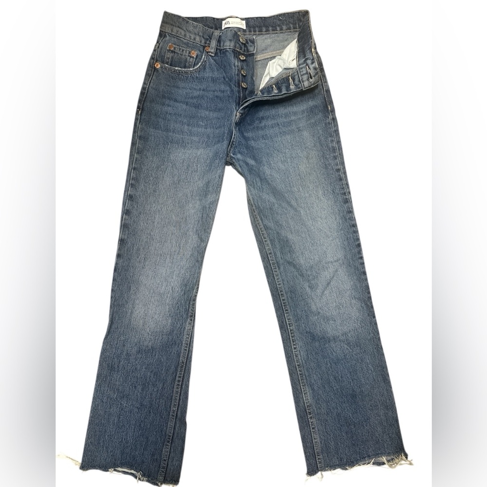 Zara Light Wash Button Fly Raw Hem Straight Leg Jeans